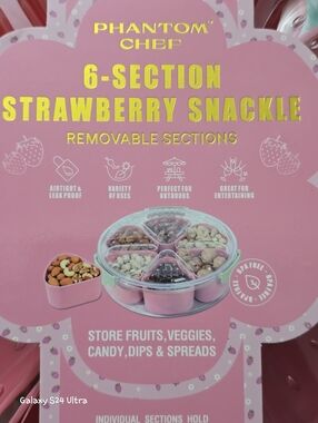 6 Compartment Strawberry Decor Snackle Box w/ Lid/ Handles NEW